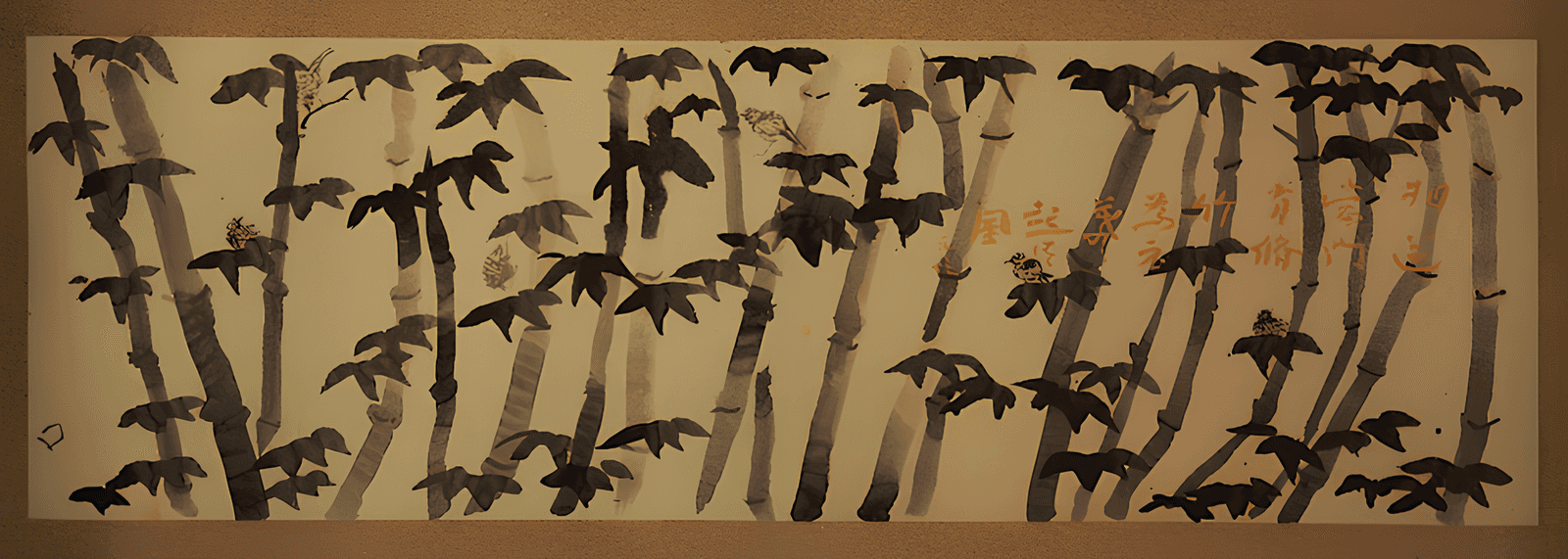 Bamboo grove and sparrows  furosaki byōbu