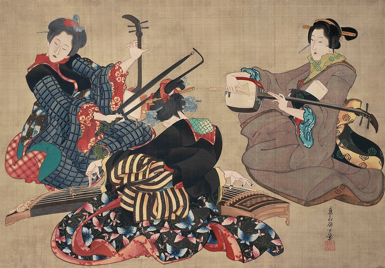 Three Women Playing Musical Instruments