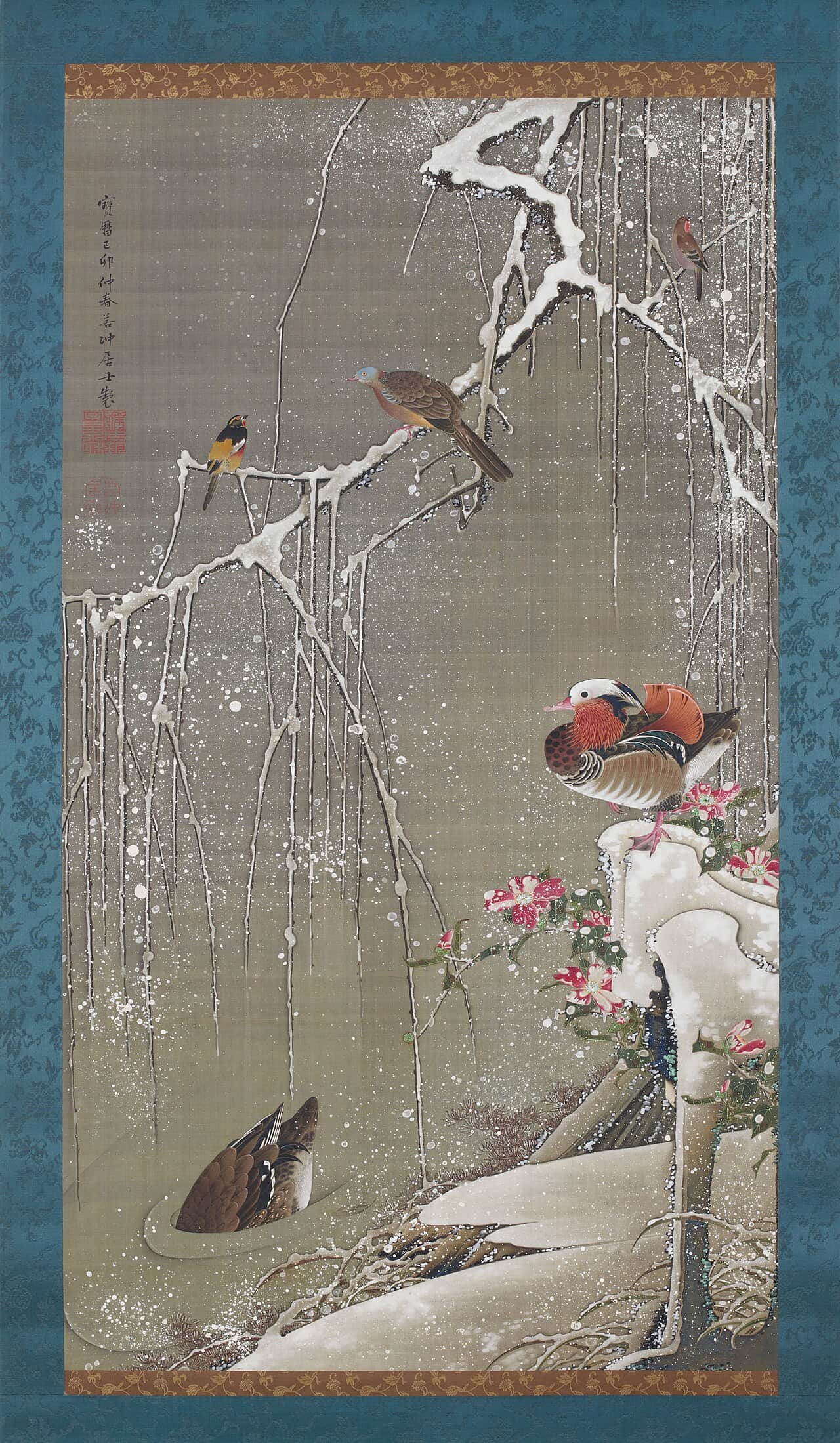 Mandarin ducks in the snow