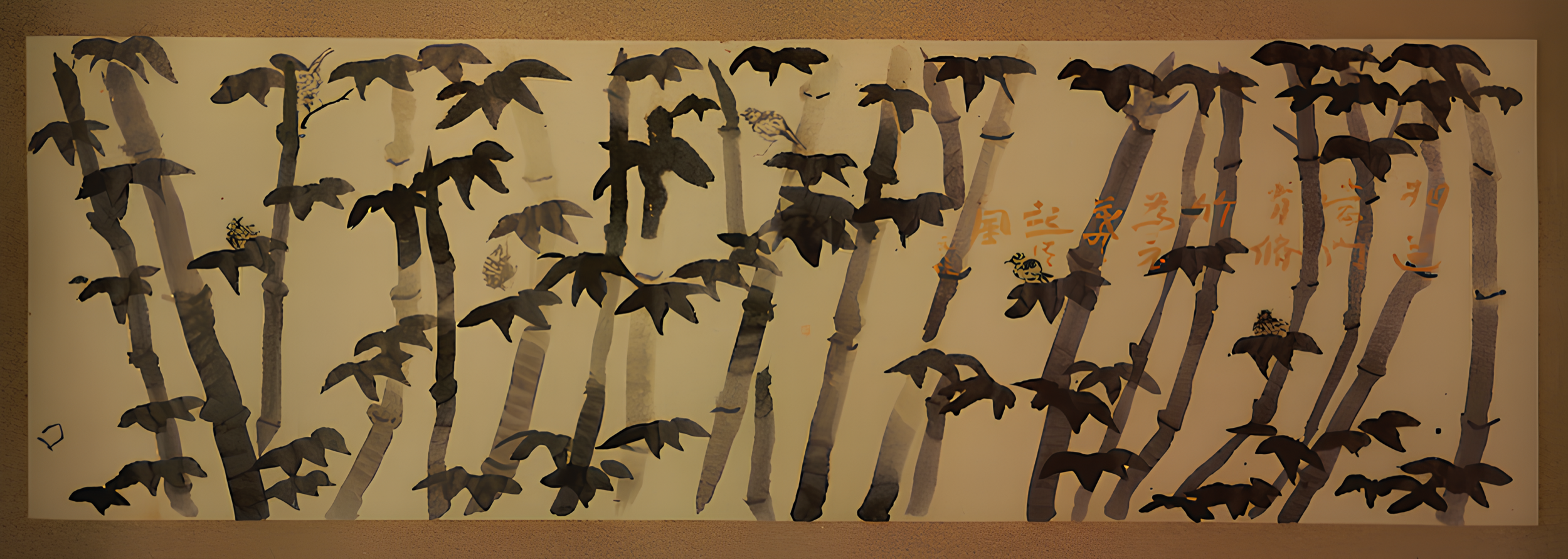 Bamboo grove and sparrows  furosaki byōbu